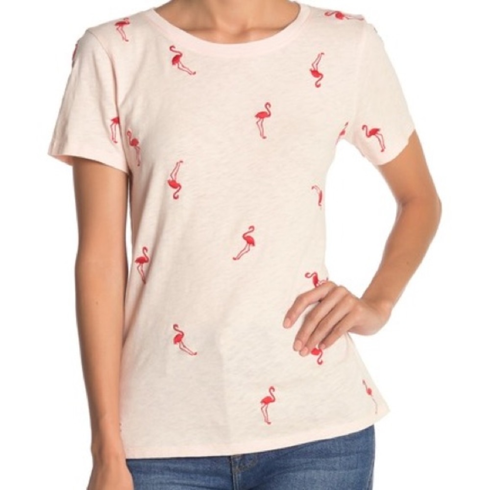 J. Crew Flamingo Embroidered Pink Tee
